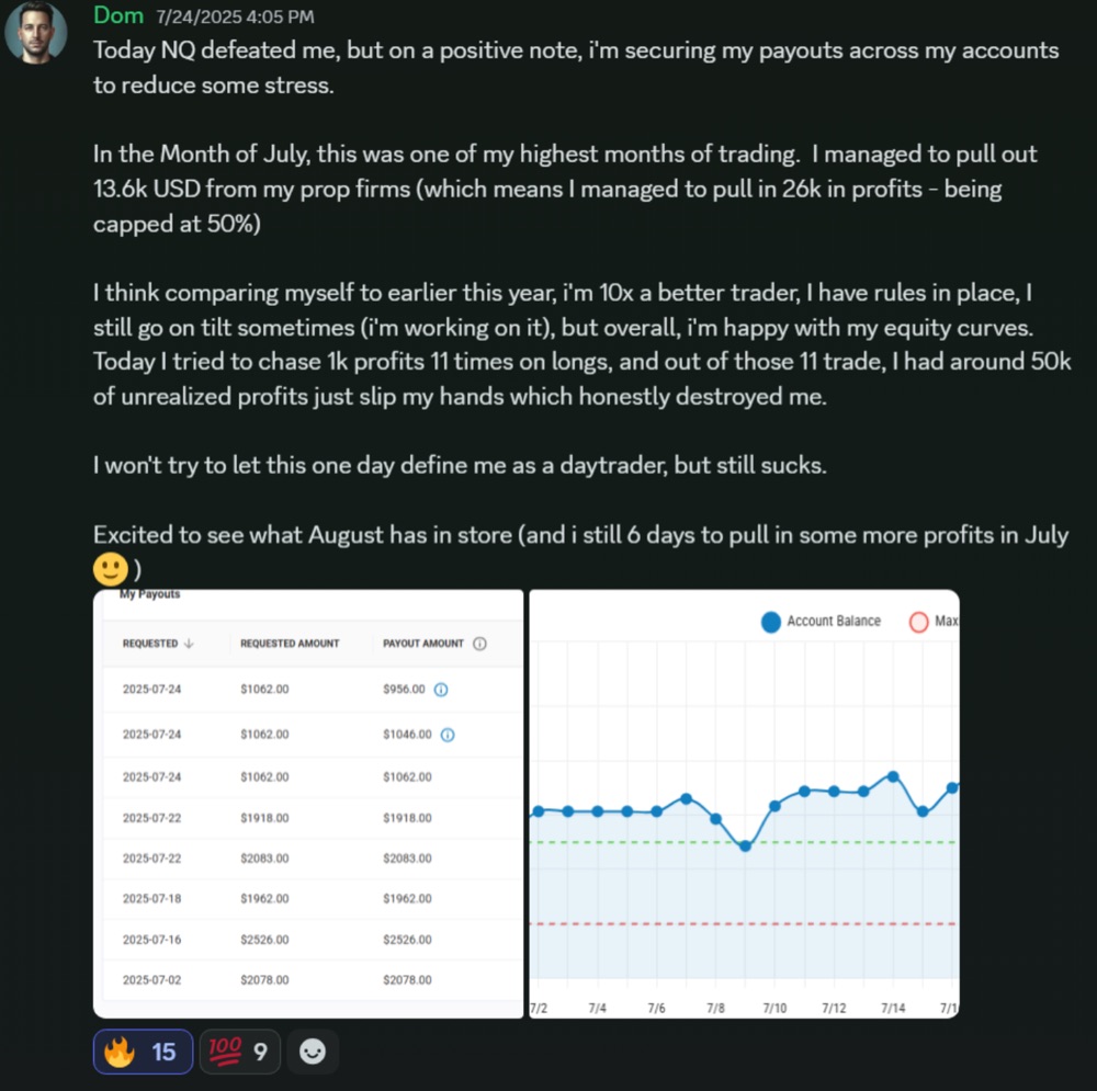 Dom's community post showing his July payout requests