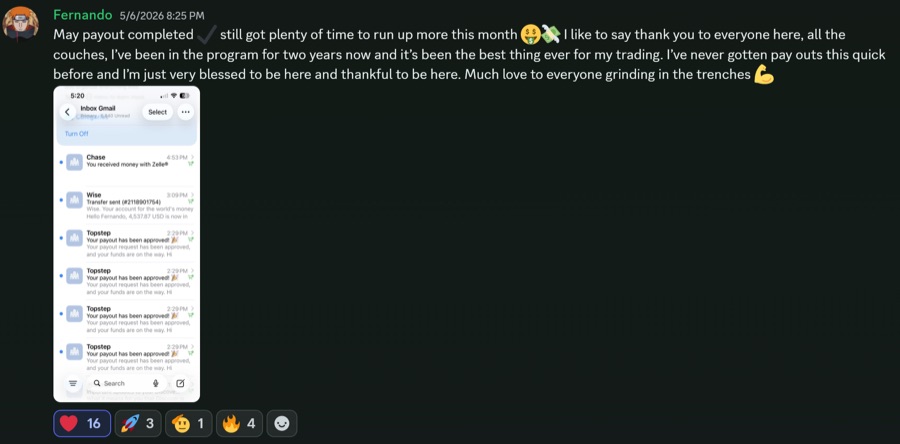Fernando's post in the Trading Apprentice community about a completed payout